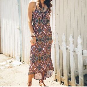 Honolua Wahine Geometric Print Multi-Color Maxi Hi-Low Dress Flowing Silhouette